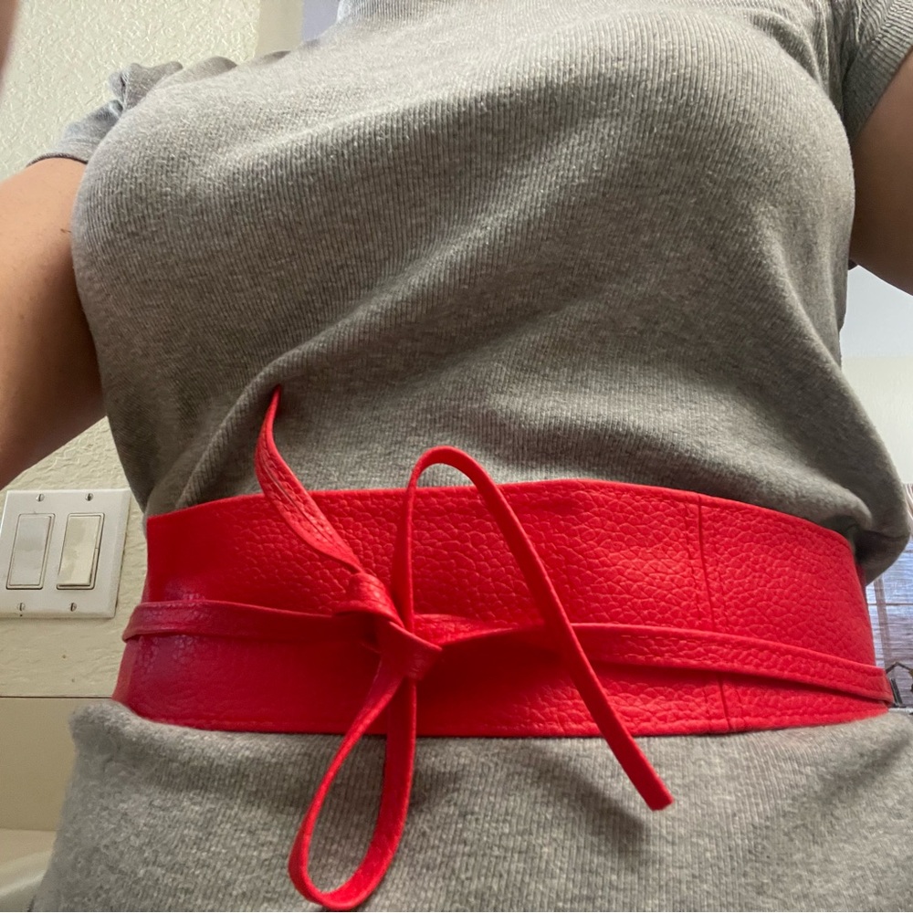 Red Wrap Obi Belt - Wide Textured Waist Belt